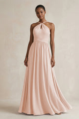 A - Line Halter Chiffon Ruched Bridesmaid Dress in Pale Blush - KISS BRIDAL Bridesmaid Dresses
