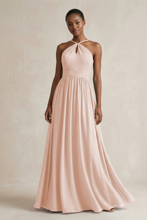 A - Line Halter Chiffon Ruched Bridesmaid Dress in Pale Blush - KISS BRIDAL Bridesmaid Dresses