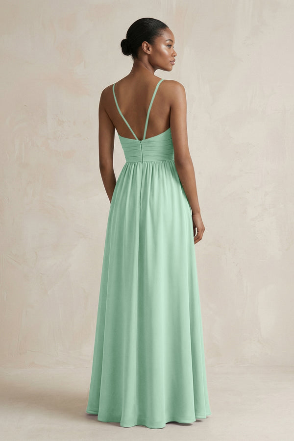 A-Line Halter Chiffon Ruched Bridesmaid Dress in Pale Pistachio (2) | KISSBRIDAL