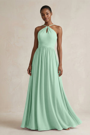 A-Line Halter Chiffon Ruched Bridesmaid Dress in Pale Pistachio | KISSBRIDAL