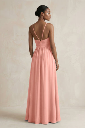 A-Line Halter Chiffon Ruched Bridesmaid Dress in Rosette (2) | KISSBRIDAL