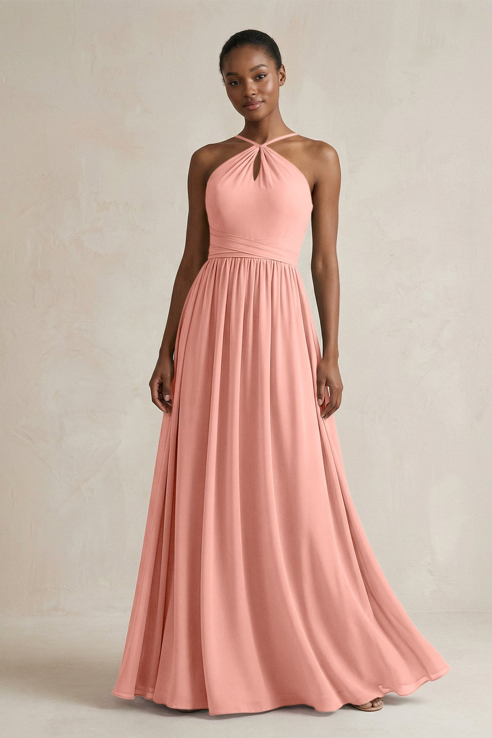 A-Line Halter Chiffon Ruched Bridesmaid Dress in Rosette