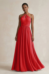 A - Line Halter Chiffon Ruched Bridesmaid Dress in Ruby Red - KISS BRIDAL Bridesmaid Dresses