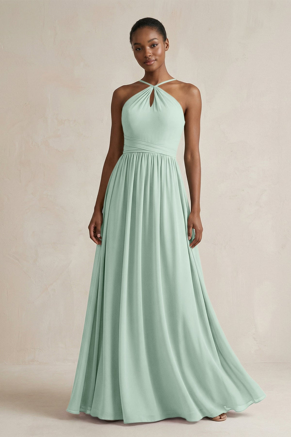 A-Line Halter Chiffon Ruched Bridesmaid Dress in Sage