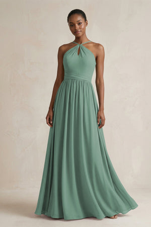 A-Line Halter Chiffon Ruched Bridesmaid Dress in Sea Glass | KISSBRIDAL