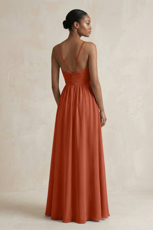 A - Line Halter Chiffon Ruched Bridesmaid Dress in Spice - KISS BRIDAL Bridesmaid Dresses