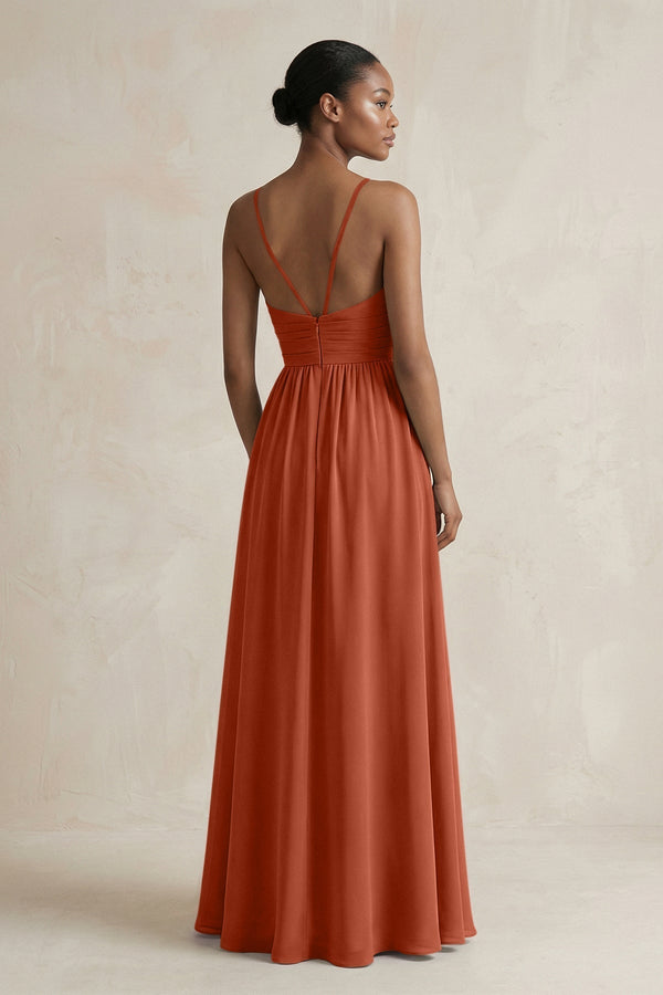 A - Line Halter Chiffon Ruched Bridesmaid Dress in Spice - KISS BRIDAL Bridesmaid Dresses