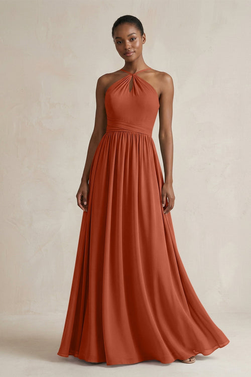 A - Line Halter Chiffon Ruched Bridesmaid Dress in Spice - KISS BRIDAL Bridesmaid Dresses