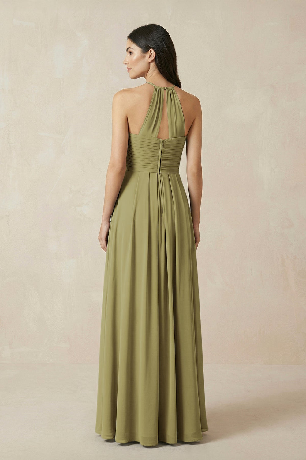 A-Line Halter Neck Pleated Chiffon Bridesmaid Dress in Moss Green