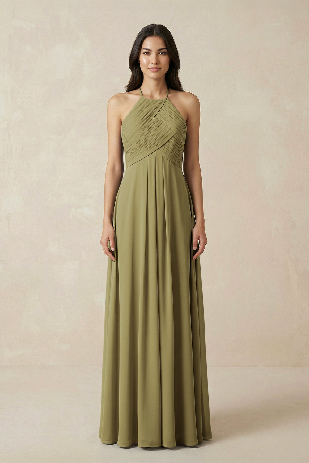 A-Line Halter Neck Pleated Chiffon Bridesmaid Dress in Moss Green