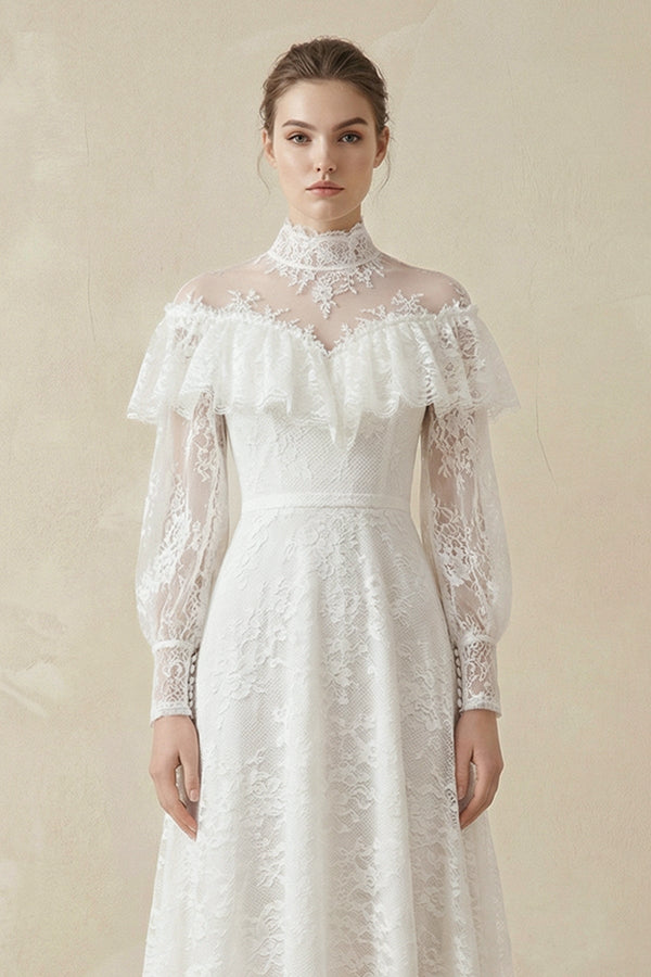 A - Line High Neck Long Sleeve Lace Wedding Dress - KISS BRIDAL Wedding Dresses