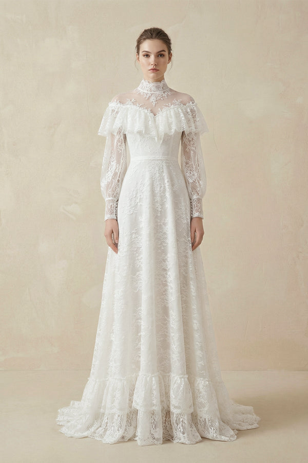 A - Line High Neck Long Sleeve Lace Wedding Dress - KISS BRIDAL Wedding Dresses