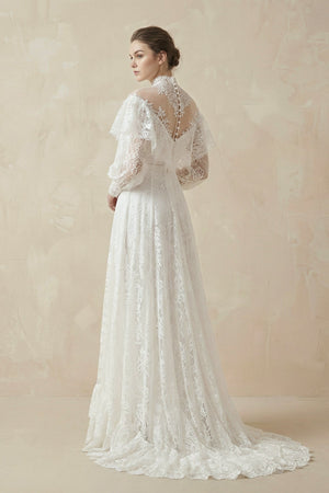 A - Line High Neck Long Sleeve Lace Wedding Dress - KISS BRIDAL Wedding Dresses