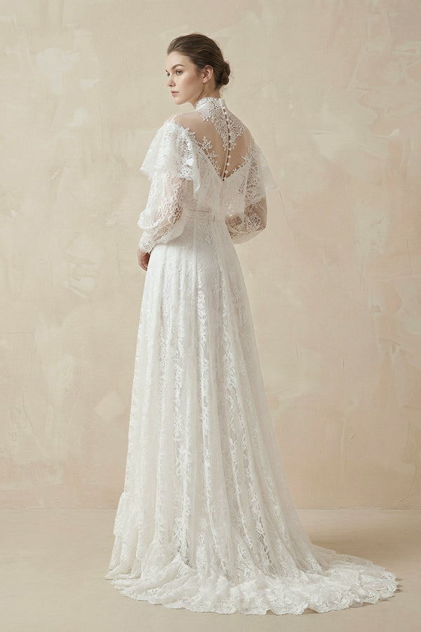 A - Line High Neck Long Sleeve Lace Wedding Dress - KISS BRIDAL Wedding Dresses