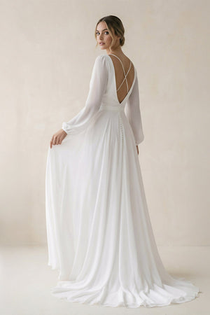 A - Line Illusion Neck Chiffon Wedding Dresses in White - KISS BRIDAL Wedding Dresses
