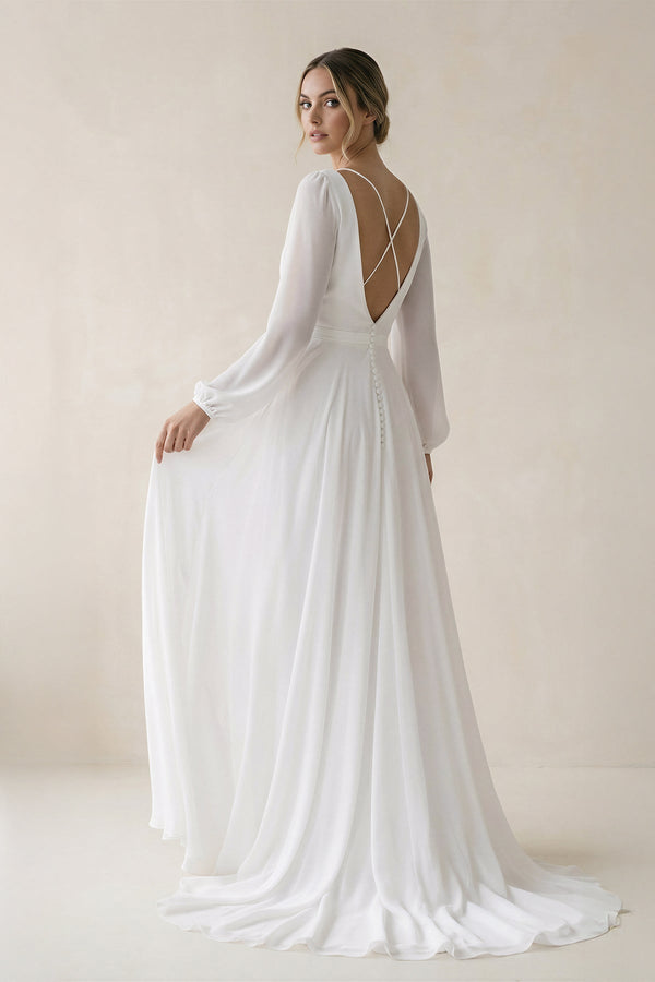 A - Line Illusion Neck Chiffon Wedding Dresses in White - KISS BRIDAL Wedding Dresses