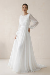 A - Line Illusion Neck Chiffon Wedding Dresses in White - KISS BRIDAL Wedding Dresses