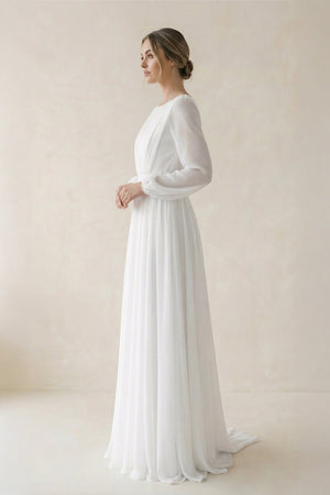 A - Line Illusion Neck Chiffon Wedding Dresses in White - KISS BRIDAL Wedding Dresses