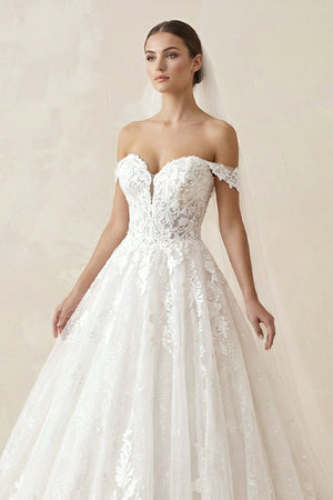 A Line Ivory Lace Off - the - Shoulder Wedding Dress - KISS BRIDAL Wedding Dresses