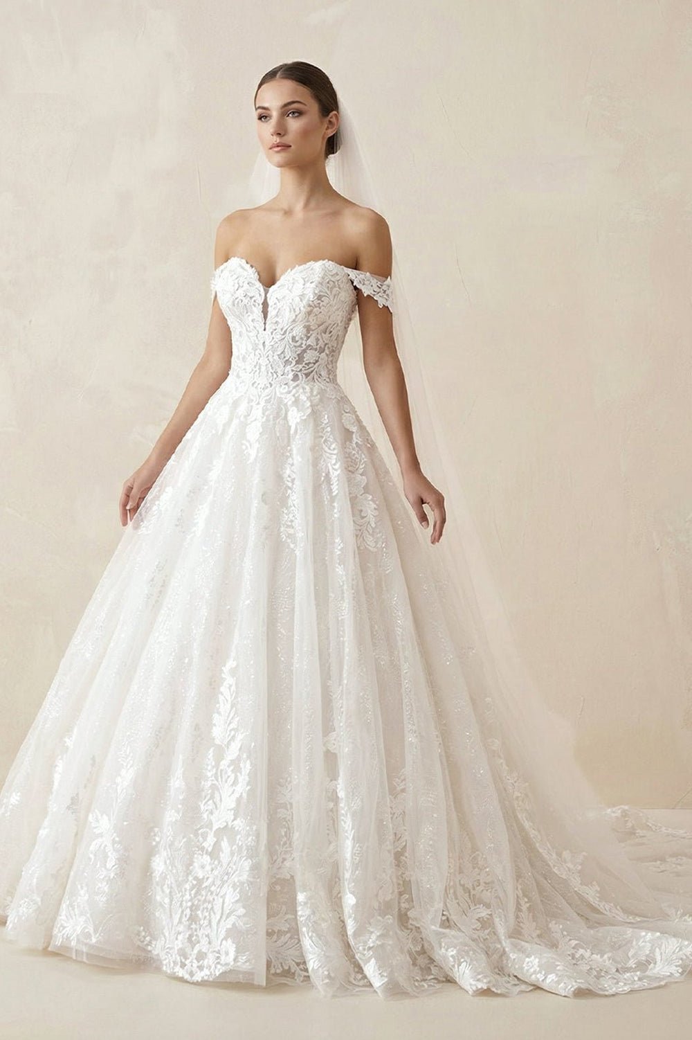 Ball Gown Ivory Lace Off-the-Shoulder Wedding Dress