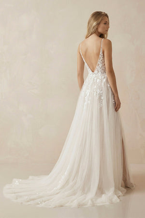 A - Line Ivory Lace V - Neck Wedding Dress with Ruffles - KISS BRIDAL Wedding Dresses