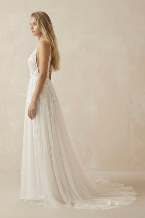 A - Line Ivory Lace V - Neck Wedding Dress with Ruffles - KISS BRIDAL Wedding Dresses