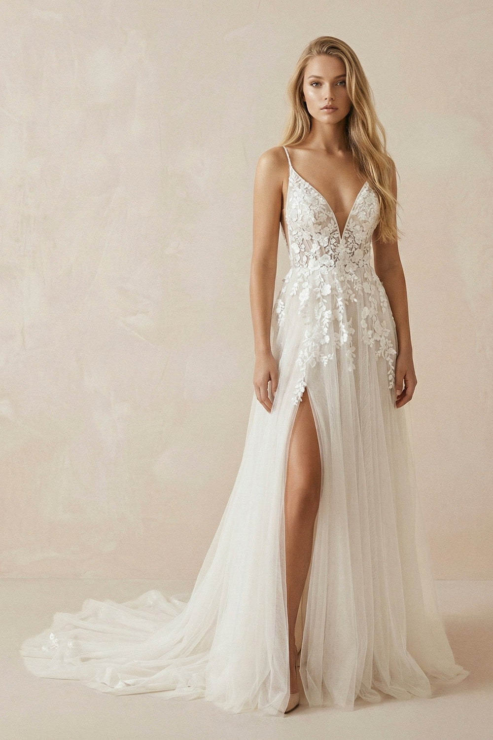 A-Line Ivory Lace V-Neck Wedding Dress with Ruffles