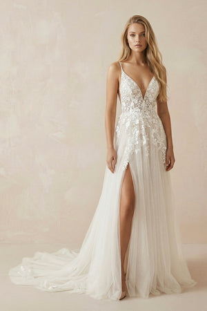 A - Line Ivory Lace V - Neck Wedding Dress with Ruffles - KISS BRIDAL Wedding Dresses