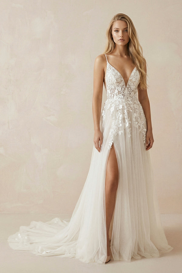 A - Line Ivory Lace V - Neck Wedding Dress with Ruffles - KISS BRIDAL Wedding Dresses