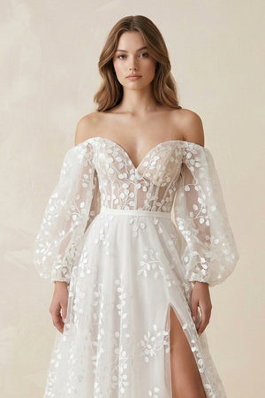 A - Line Ivory Off - the - Shoulder Lace Wedding Dress - KISS BRIDAL Wedding Dresses