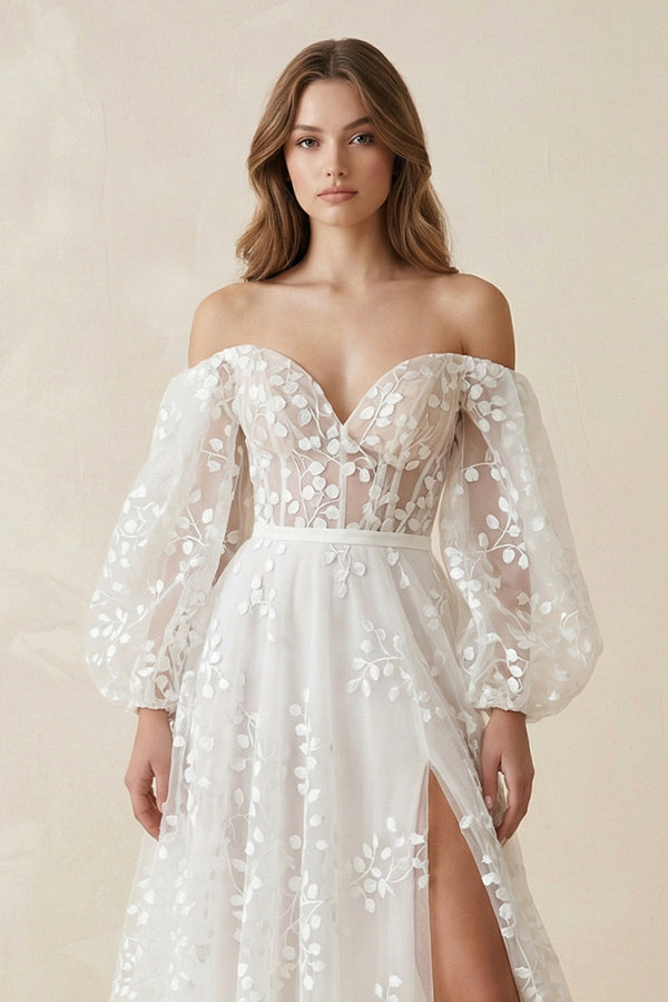 A - Line Ivory Off - the - Shoulder Lace Wedding Dress - KISS BRIDAL Wedding Dresses