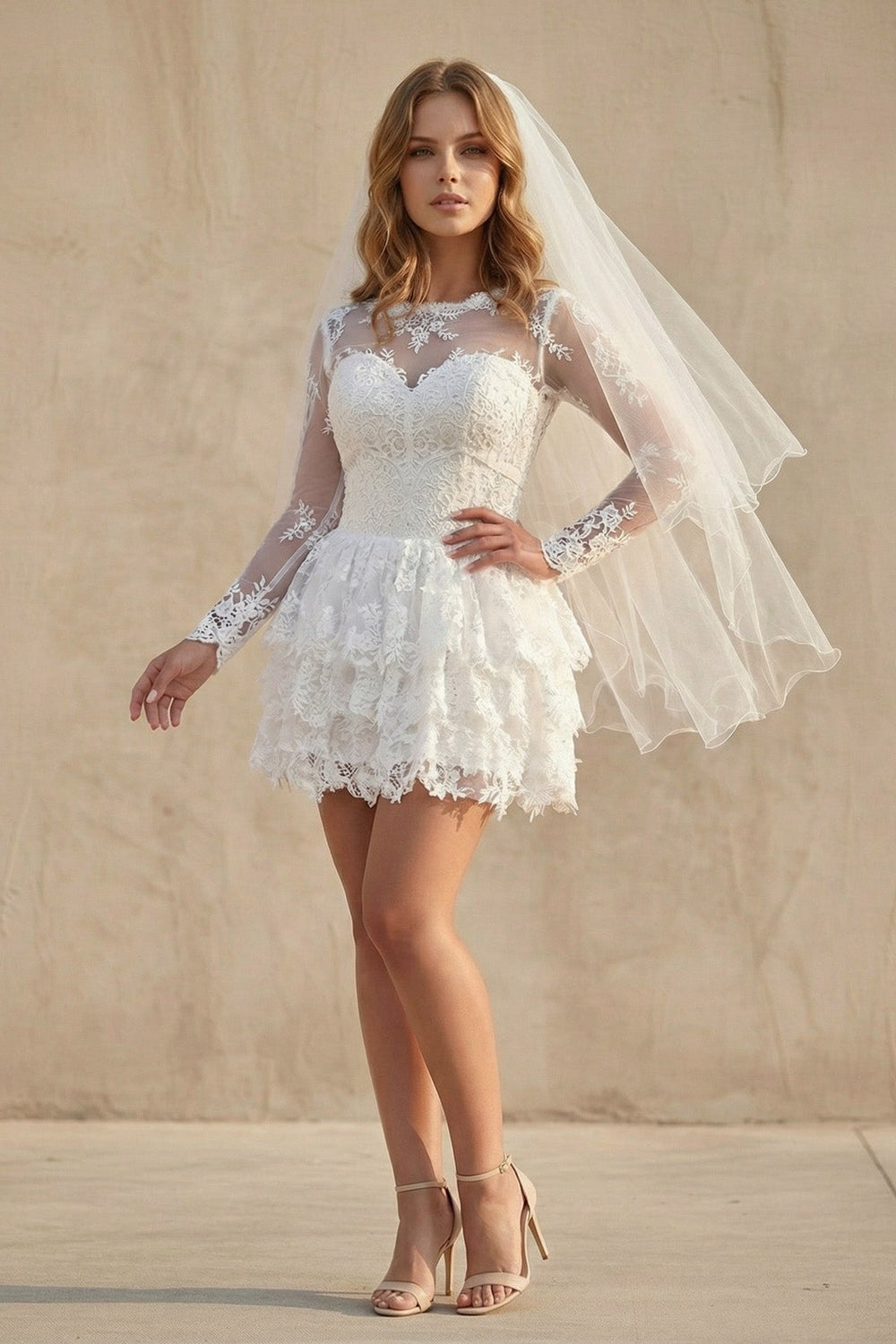 A Line Lace Open Back Wedding Dress in Ivory