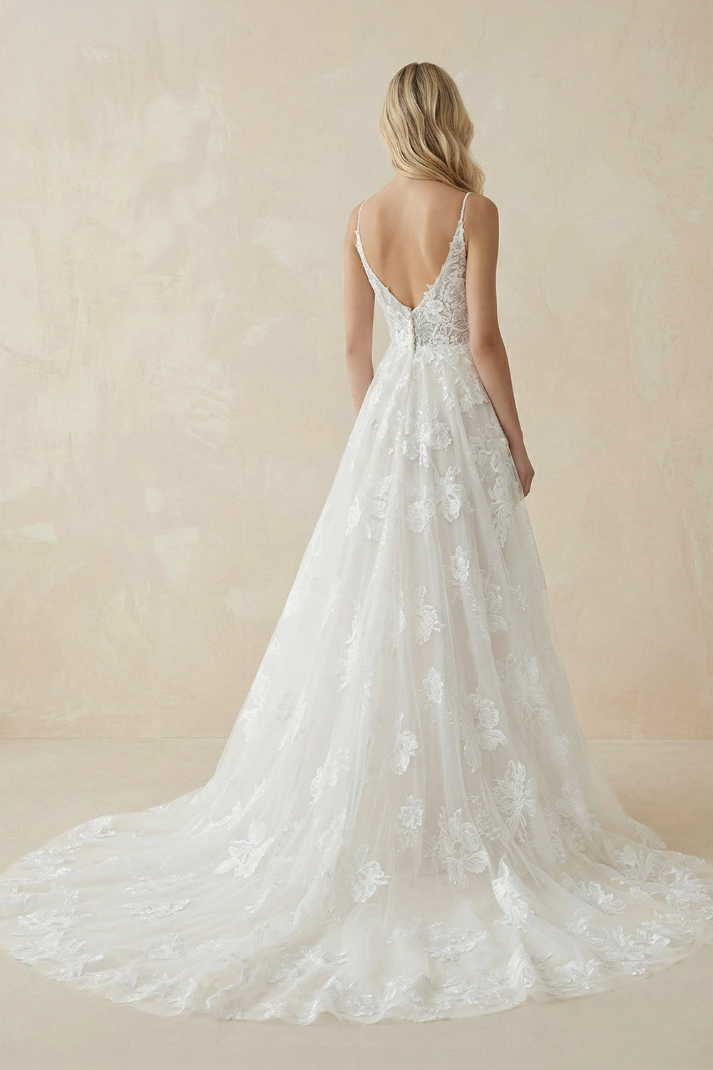 A-Line Lace Spaghetti Straps Wedding Dress in Ivory