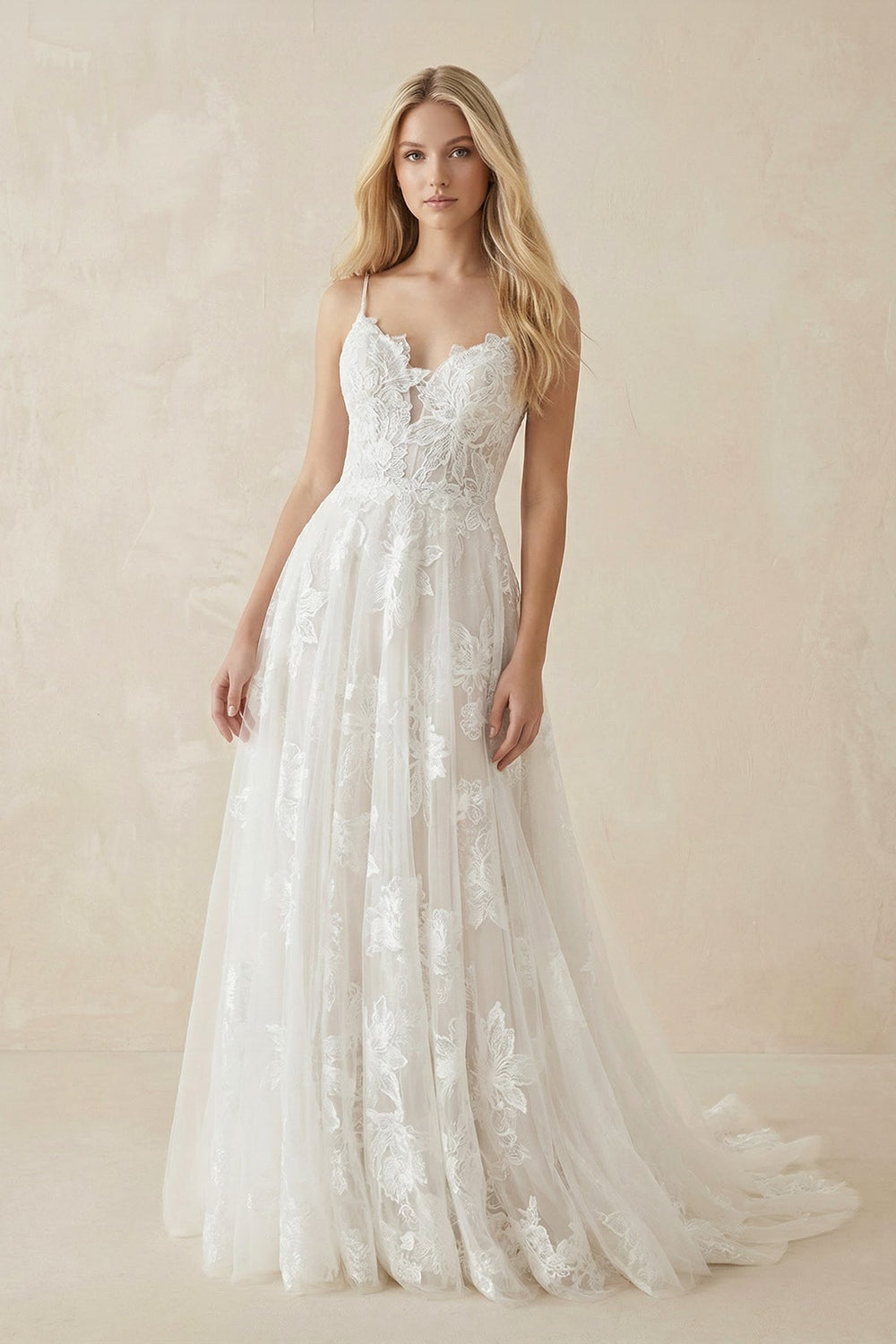 A-Line Lace Spaghetti Straps Wedding Dress in Ivory
