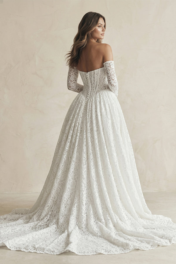 A - Line Lace Strapless Appliqued Wedding Dress in White - KISS BRIDAL Wedding Dresses