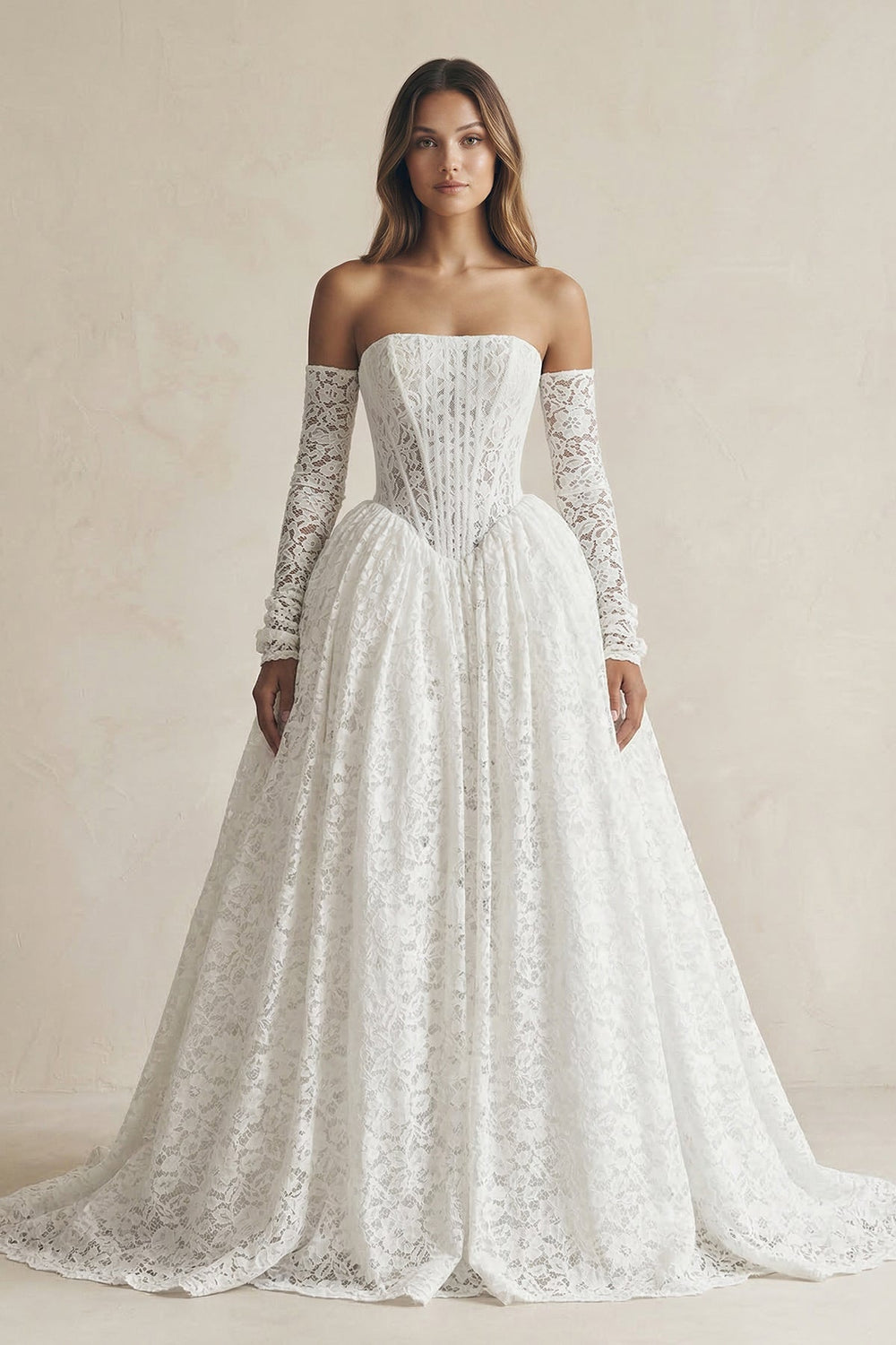 Ball Gown Lace Strapless Appliqued Wedding Dress in White