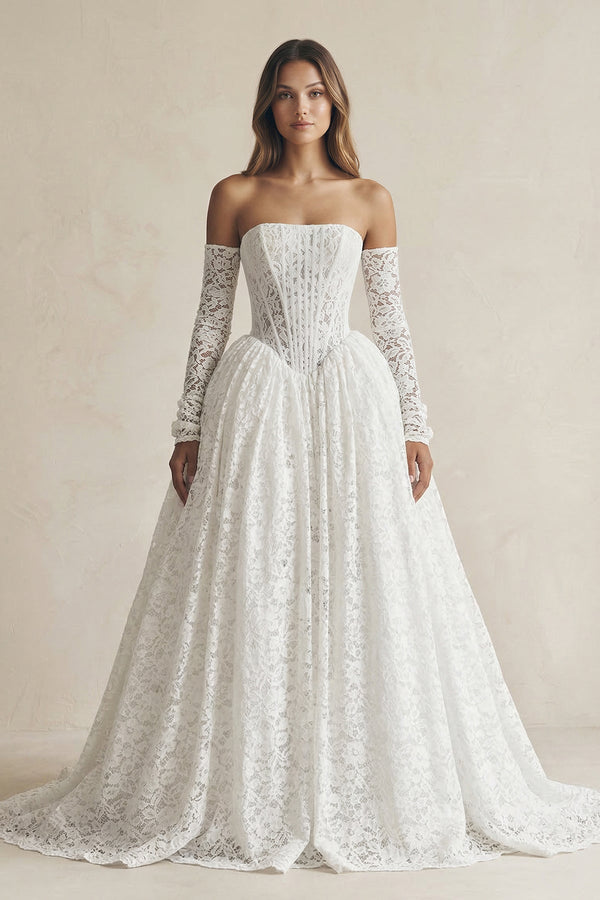 A - Line Lace Strapless Appliqued Wedding Dress in White - KISS BRIDAL Wedding Dresses