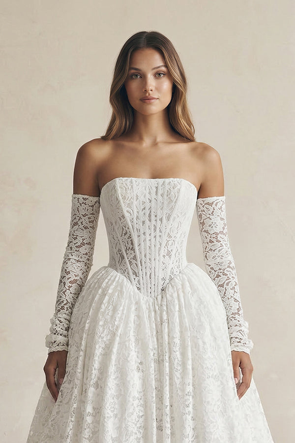A - Line Lace Strapless Appliqued Wedding Dress in White - KISS BRIDAL Wedding Dresses