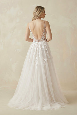 A Line Lace Tulle V - neck Sleeveless Wedding Dress in Ivory - KISS BRIDAL Wedding Dresses