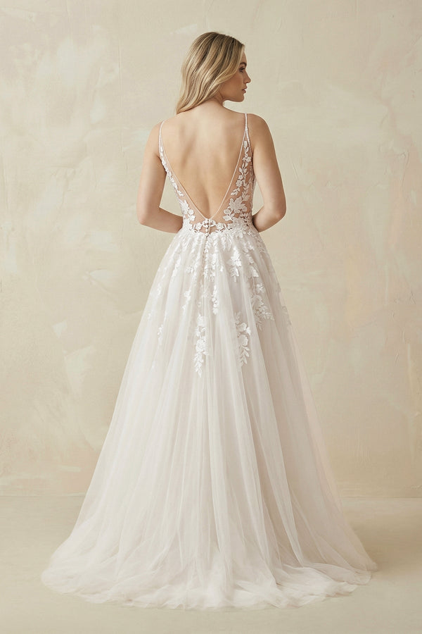 A Line Lace Tulle V - neck Sleeveless Wedding Dress in Ivory - KISS BRIDAL Wedding Dresses