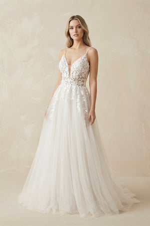 A Line Lace Tulle V - neck Sleeveless Wedding Dress in Ivory - KISS BRIDAL Wedding Dresses
