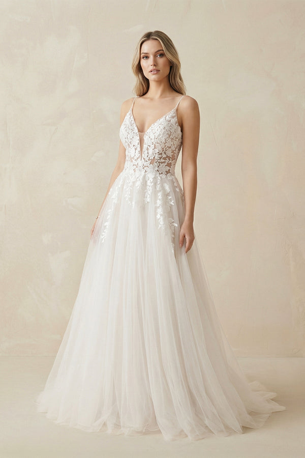 A Line Lace Tulle V - neck Sleeveless Wedding Dress in Ivory - KISS BRIDAL Wedding Dresses