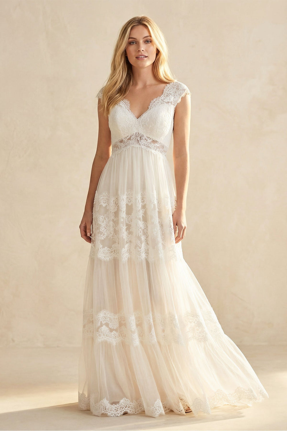 A-Line Lace V-Neck Tulle Wedding Dress in Ivory