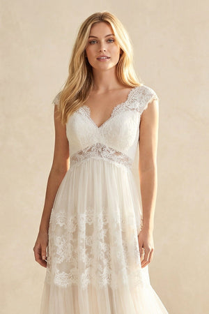 A - Line Lace V - Neck Tulle Wedding Dress in Ivory - KISS BRIDAL Wedding Dresses