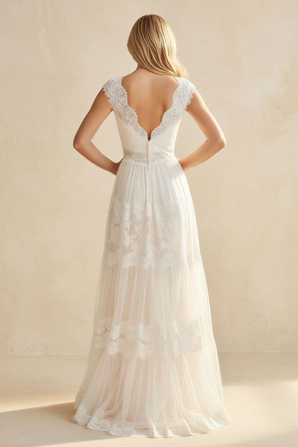 A-Line Lace V-Neck Tulle Wedding Dress in Ivory