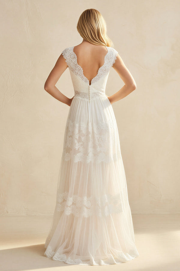 A - Line Lace V - Neck Tulle Wedding Dress in Ivory - KISS BRIDAL Wedding Dresses