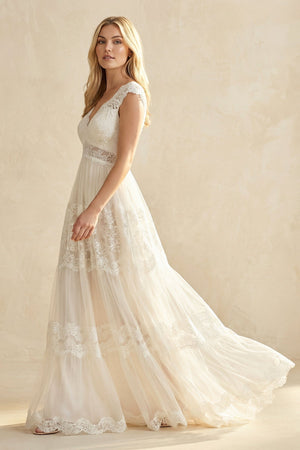 A - Line Lace V - Neck Tulle Wedding Dress in Ivory - KISS BRIDAL Wedding Dresses