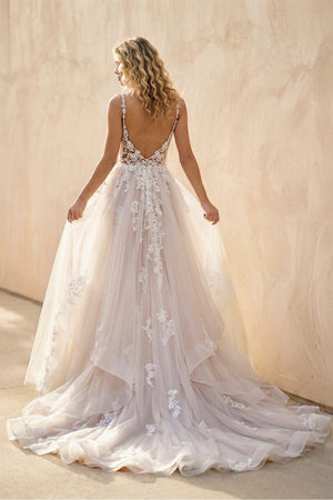 A - Line Lace White Sleeveless Backless Wedding Dress - KISS BRIDAL Wedding Dresses