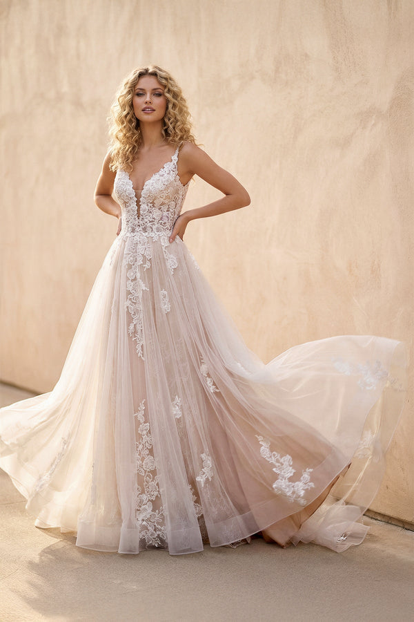 A - Line Lace White Sleeveless Backless Wedding Dress - KISS BRIDAL Wedding Dresses