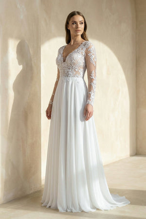 A - Line Long Sleeve Lace Wedding Dress in White - KISS BRIDAL Wedding Dresses